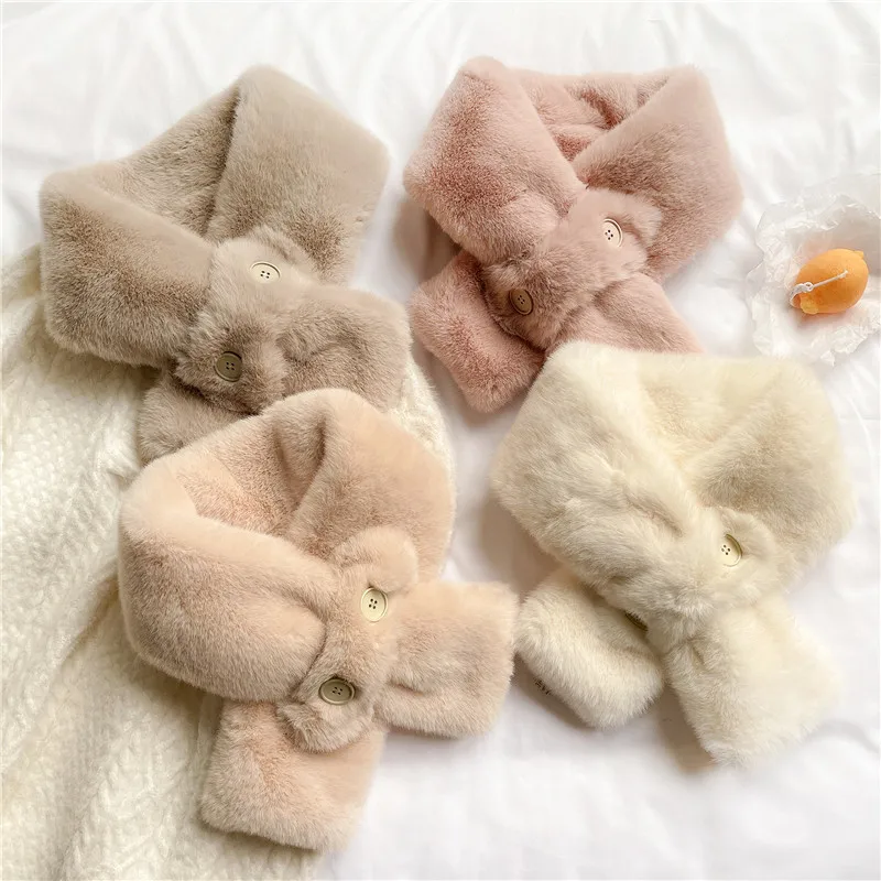 

Winter Design Brand Faux Fur Collar Scarf Female Warm Shawl Fashion Pure Color Soft Neck Scarves For Adult Kids Women Girls
