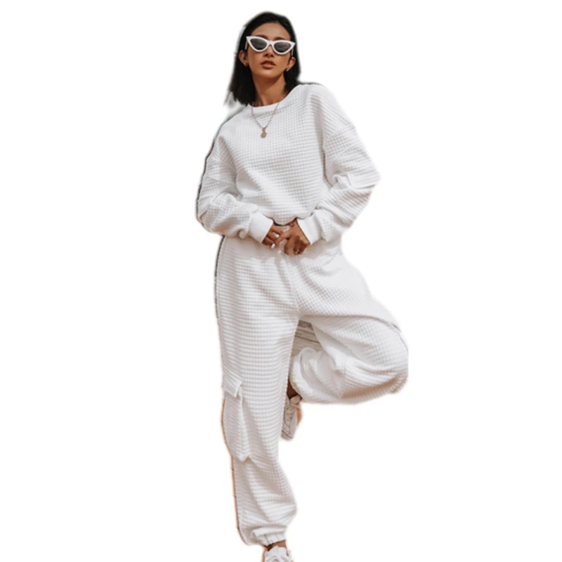 

Женский комплект из 2 предметов, модный однотонный костюм с длинным рукавом, круглым вырезом и длинными брюками