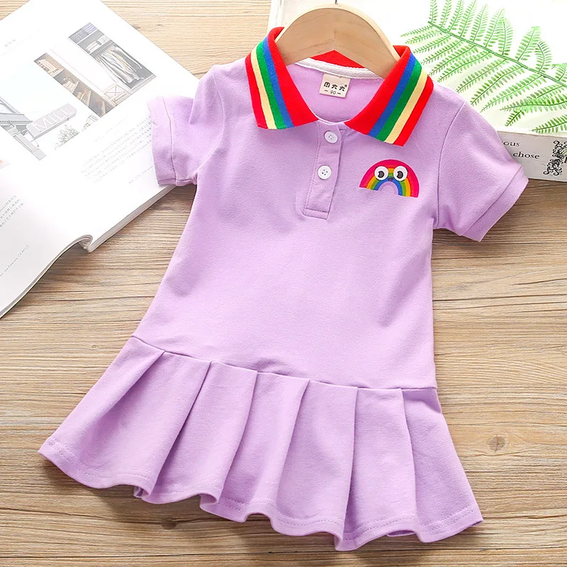 Summer Princess Dress Girl Cute Cartoon Rainbow Stripe Polo-neck Childrens Pleated Cheerleader Sports Casual Dresses | Детская одежда и