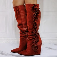 dark red wedge high heel dress shoes women knee high boots tassel patchwork fashion shoes short boots 11
