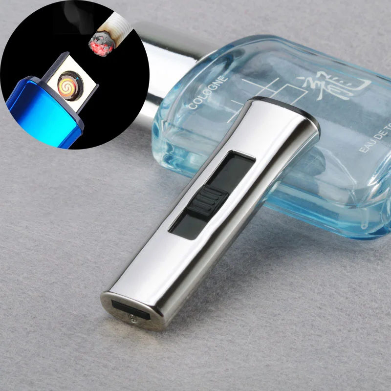 Silver Mini lighter Ультратонкая металлическая сигаретная Электронная Зажигалка USB ветрозащитная беспламенная перезаряжаемая электрическая катушка Зажигалка плазменное Сенсорное зондирование - Цвет: Silver Mini lighter