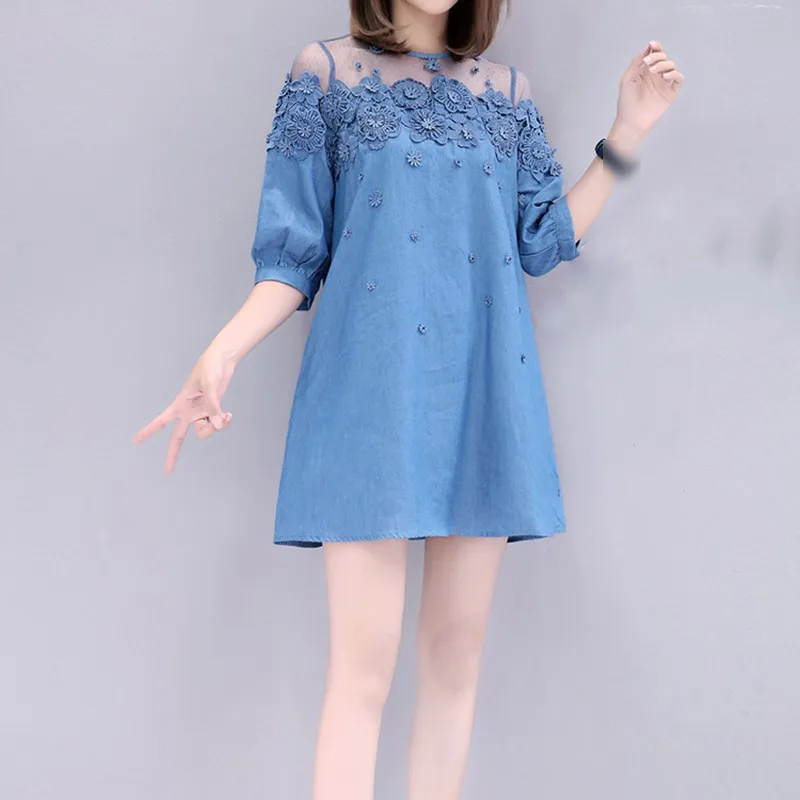 New Patchwork Bead Transparent Mesh Shirt Denim Dress Fall Summer Women Plus Size Short Blue Loose Jeans | Женская одежда