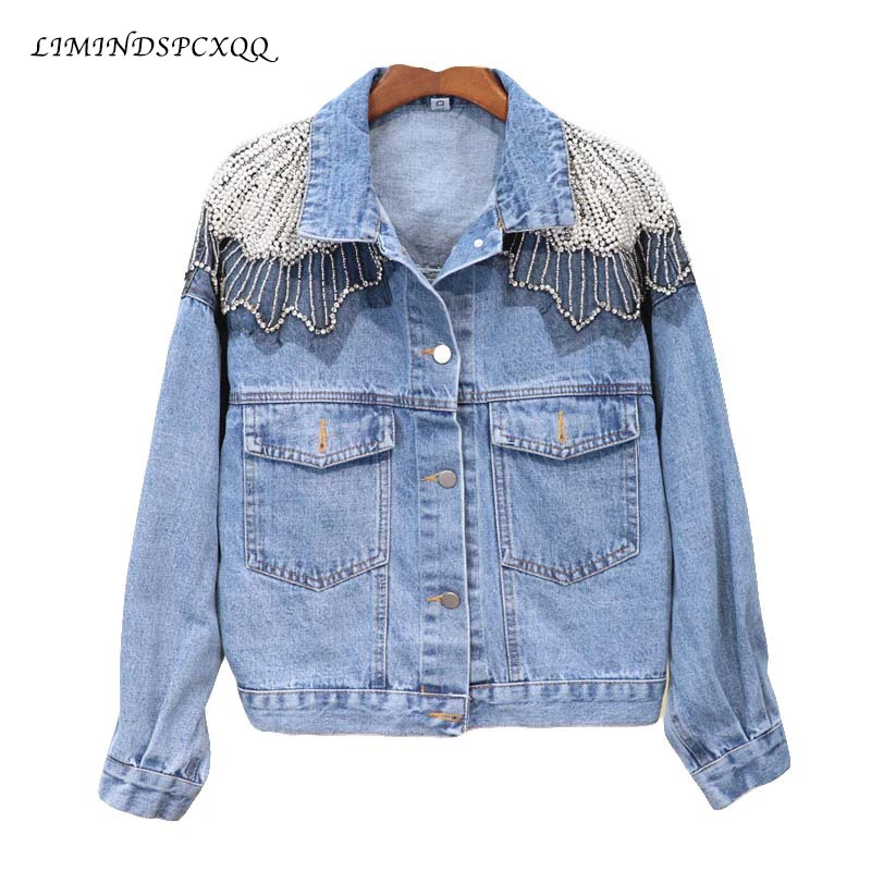 

Spring Autumn Short Denim Jacket Women 2021 New Loose Heavy Industry Beaded Shawl Lapel Washed Fashion Denim Coat Chaqueta Mujer