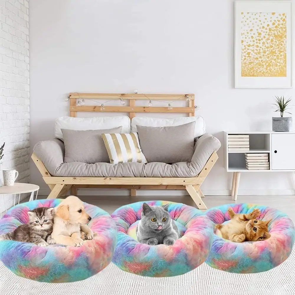 

Colorful Donut Pet Bed Rainbow Dog Mat Nest Fluffy Cat Bed Round Pillow Soft Plush Puppy Pet Cushion Kennel Mat Non-slip Bottom