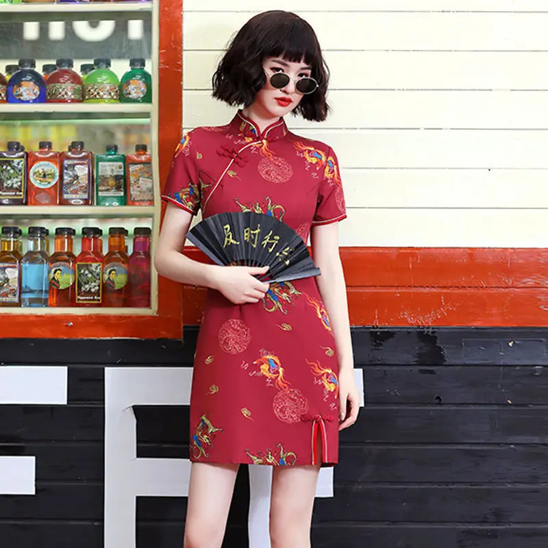 

Women Qipao Summer New Sexy Chinese Dress So Cool Mini Slim Cheongsam Vintage Classic Mandarin Collar Print Dragon Vestidos