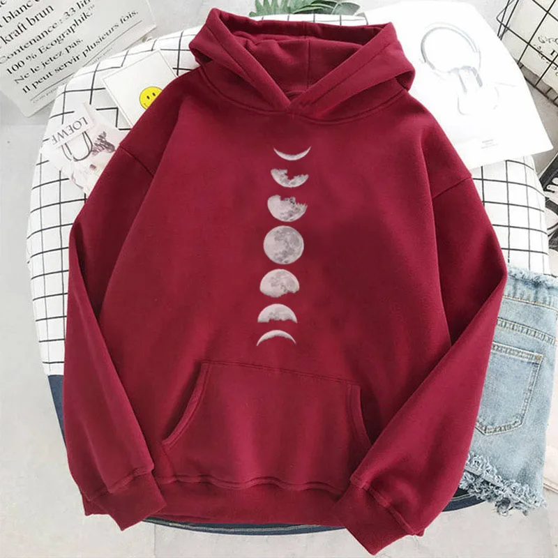 Женский пуловер с капюшоном и принтом Луны фиолетовый теплый свитшот длинным