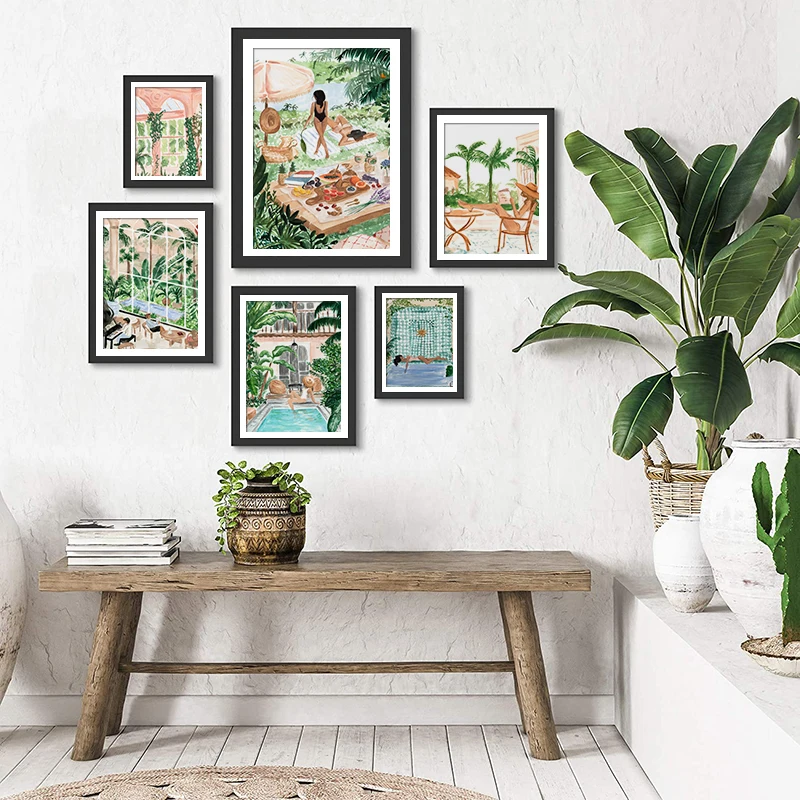 

Scandinavian Summer Beach Swimming Pool Jungle Swing Meadow Wall Art Canvas Painting Landscape Poster and Print Home Decoration