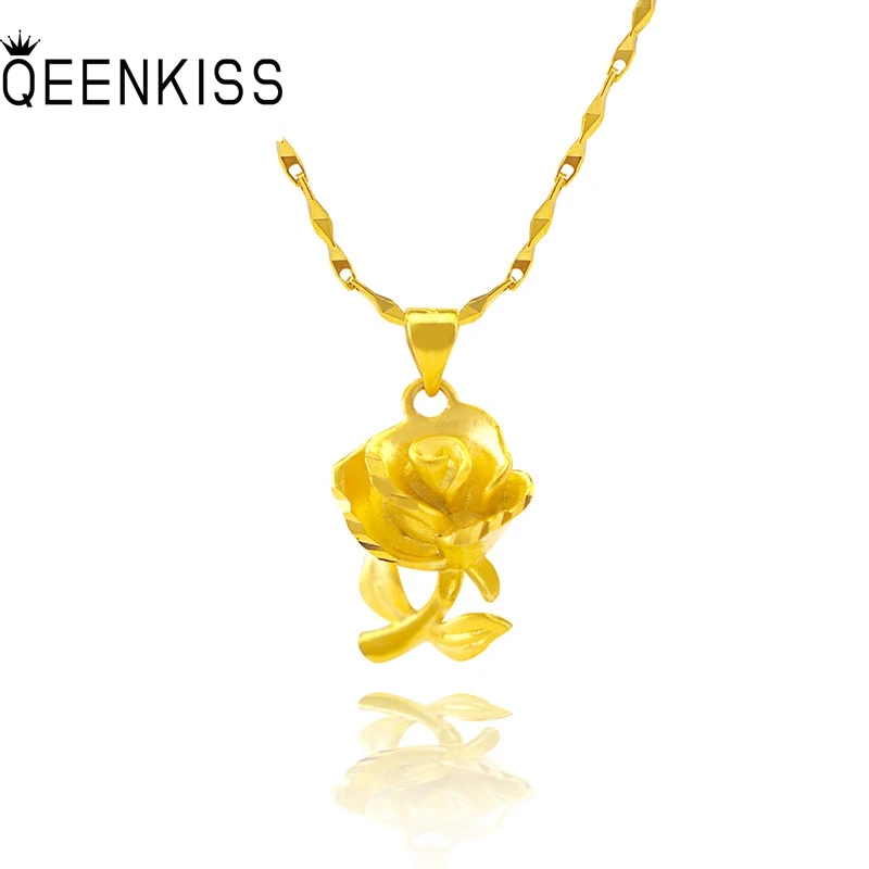 

QEENKISS PT544 2021 Fine Jewelry Wholesale Fashion Woman Girl Birthday Wedding Gift Rose Flower 24KT Gold Pendant Charm NO CHAIN