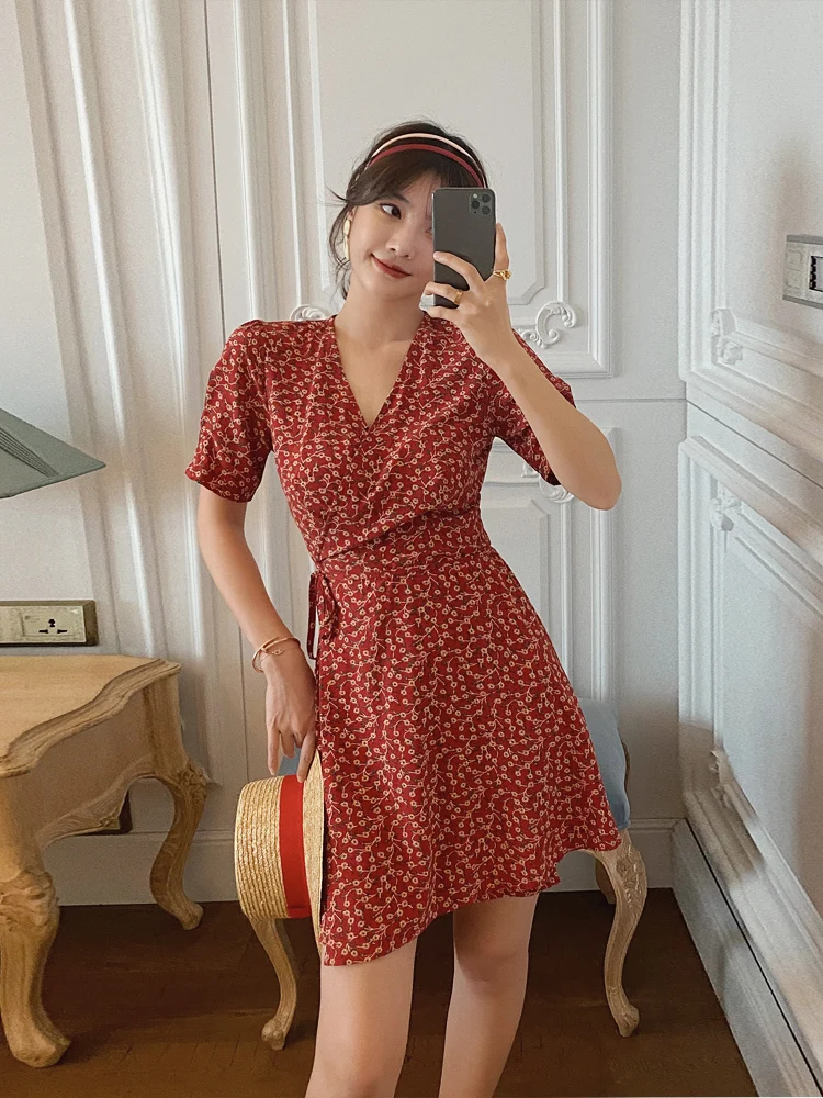 

2021 New Female Summer French Floral Skirt Small Platycodon Chiffon Dress Short