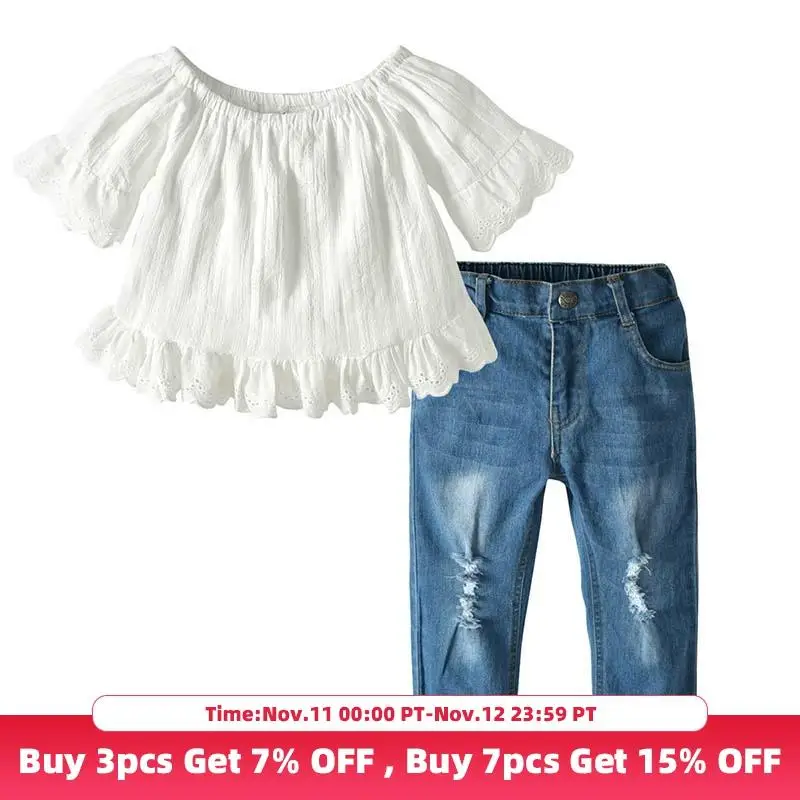 Bear Leader 1-6Y Toddler Kids Baby Girls Clothes Sets White Tops T-shirt Denim Long Pants Jeans Outfits Set Fall | Мать и ребенок