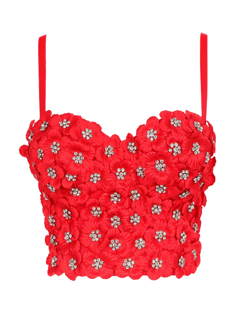 Irene Tinnie Sexy Tops Diamond Beading Flowers Tops Push Up Women's Holiday Corset Bustier Bra Night Club Party Cropped Top Vest