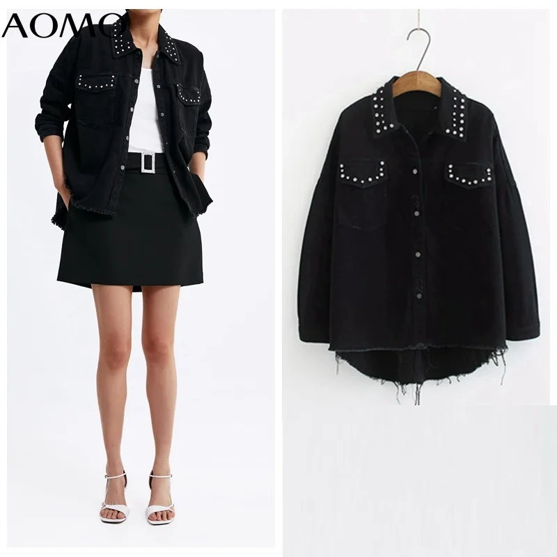 

Куртка AOMO женская из денима, Свободное пальто оверсайз с отложным воротником и длинным рукавом, с бисером, 4T211A