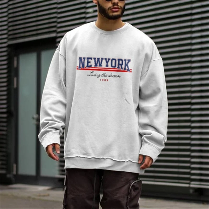 

Gray New York Letter Print Crewneck Sweatshirt Oversized Vintage Long Sleeve Pullover Fashion Hoodie Men Streetwear Autumn 2021