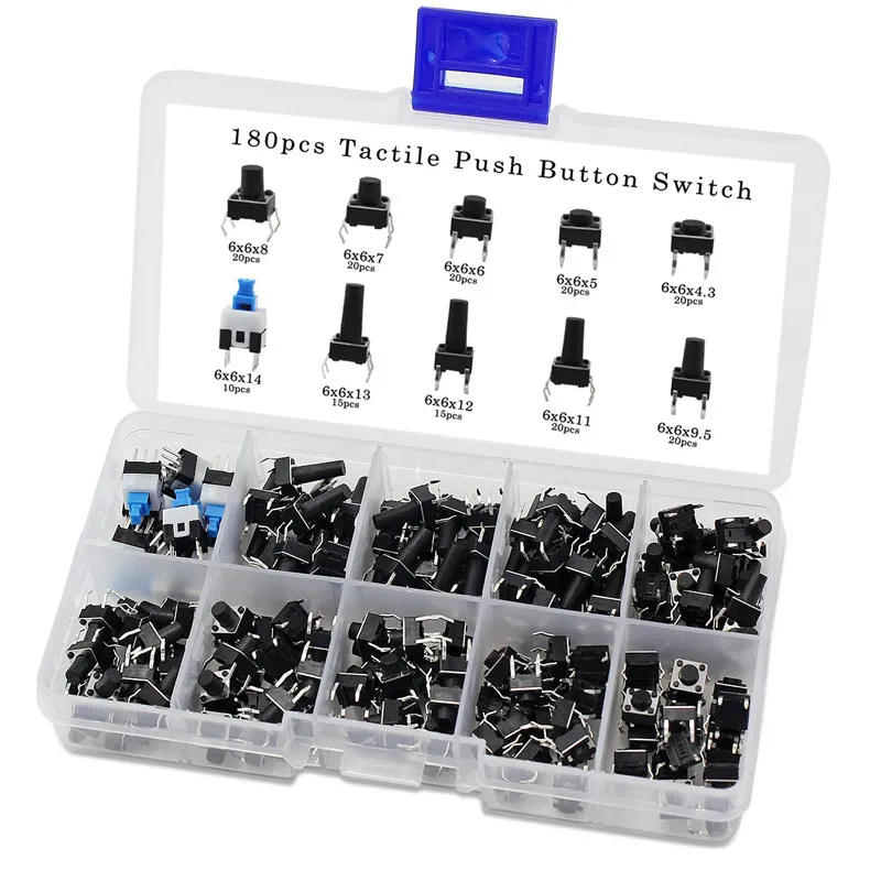 Tactile Push Button Switch Micro-Momentary Tact Assortment Kit (6x6 180pcs) | Switches