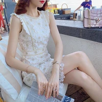 lace embroidery 2021 womens summer new temperament slim round neck high waist fashion dress office lady