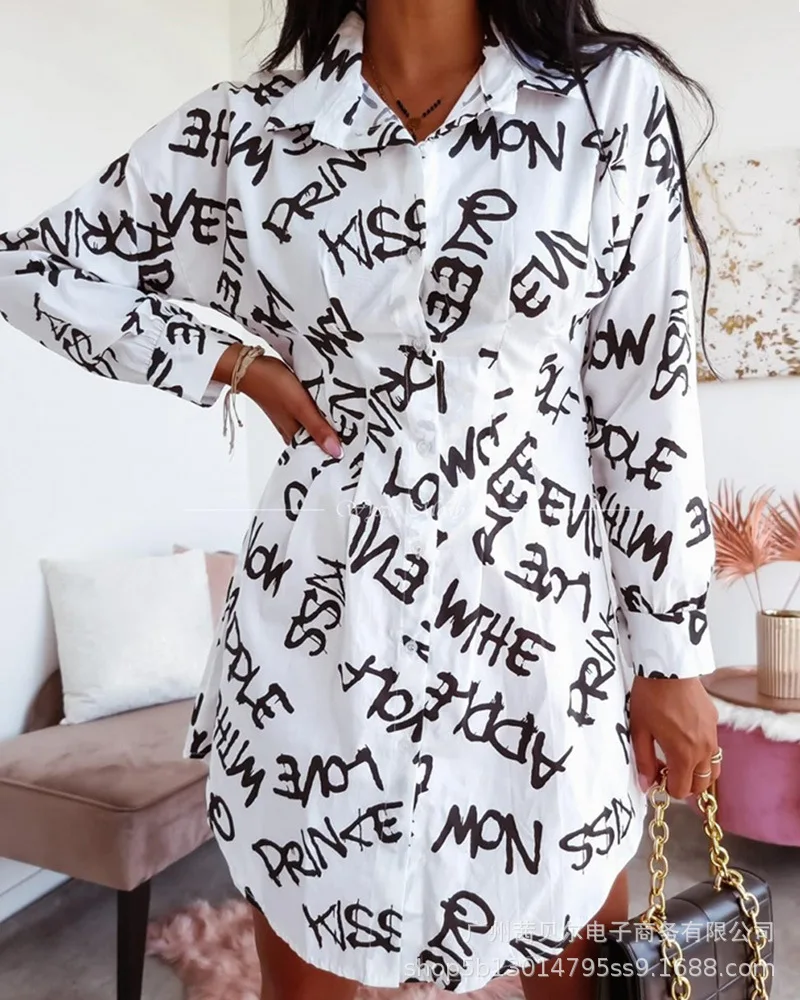 

New Women's Mini Long Sleeve Formal Shirt Fitted White Printed Shirt