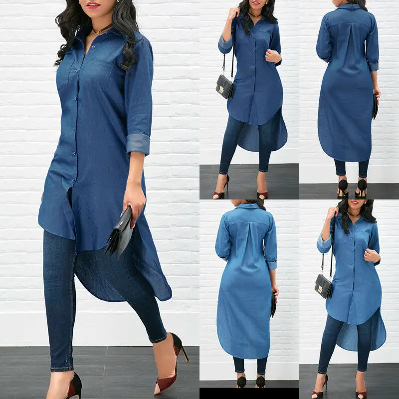 

Women's Blue Jeans Denim T-Shirt Long Sleeve Casual Loose Shirt Mini Dress