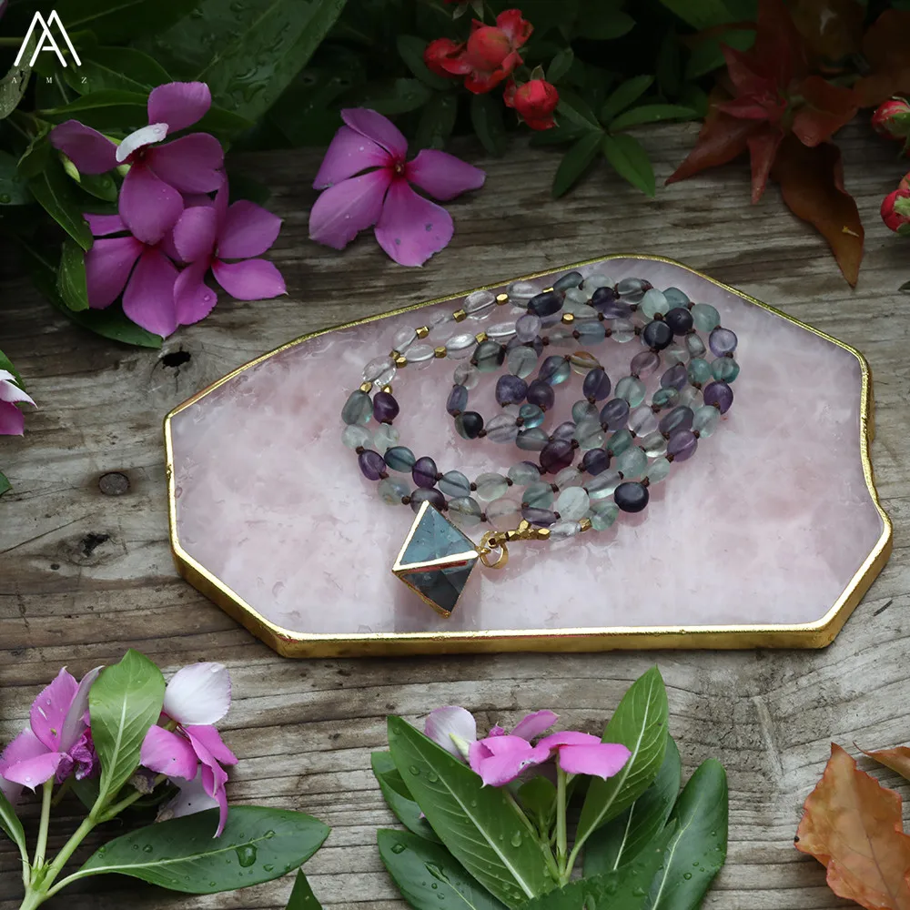 

Natural Rainbow Fluorite Rhombus Pendant 8mm White Quartz Fluorite Stone Round Beads Knotted Handmade Necklace 32 Inch Long