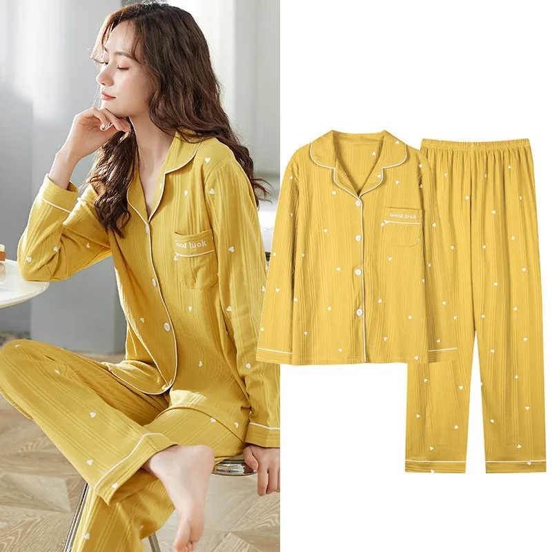 

Весенне-осенняя пижама из 2 предметов с длинным рукавом, Женская хлопковая свободная Пижама, ночная рубашка с милым сердцем, Повседневная Пи...