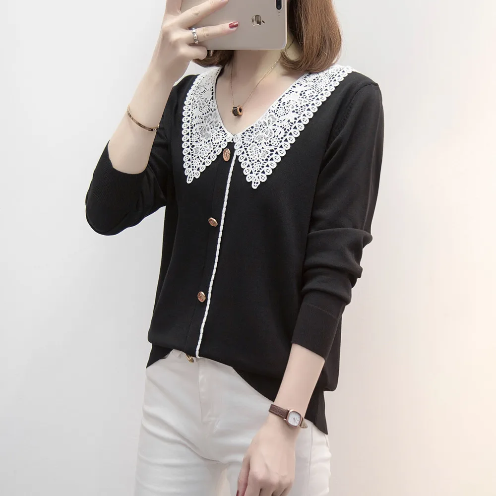 

V-neck Knitted Sweaters Women 2020 Autumn Embroidery Hollow Out Collar Lady Pullover Jumpers Oversize Korean Knit Tops Plus Size