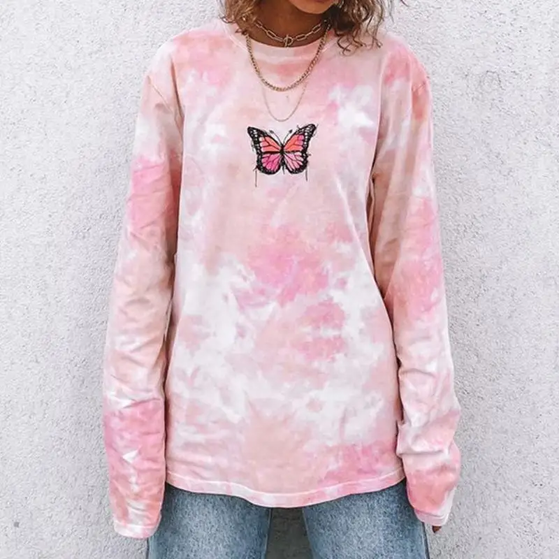 

New Streetwear Plus Size Fashion Girls Pink Butterfly Letters Print Crewneck Thin Sweatshirt Women Tops Long Sleeve Casual Loose
