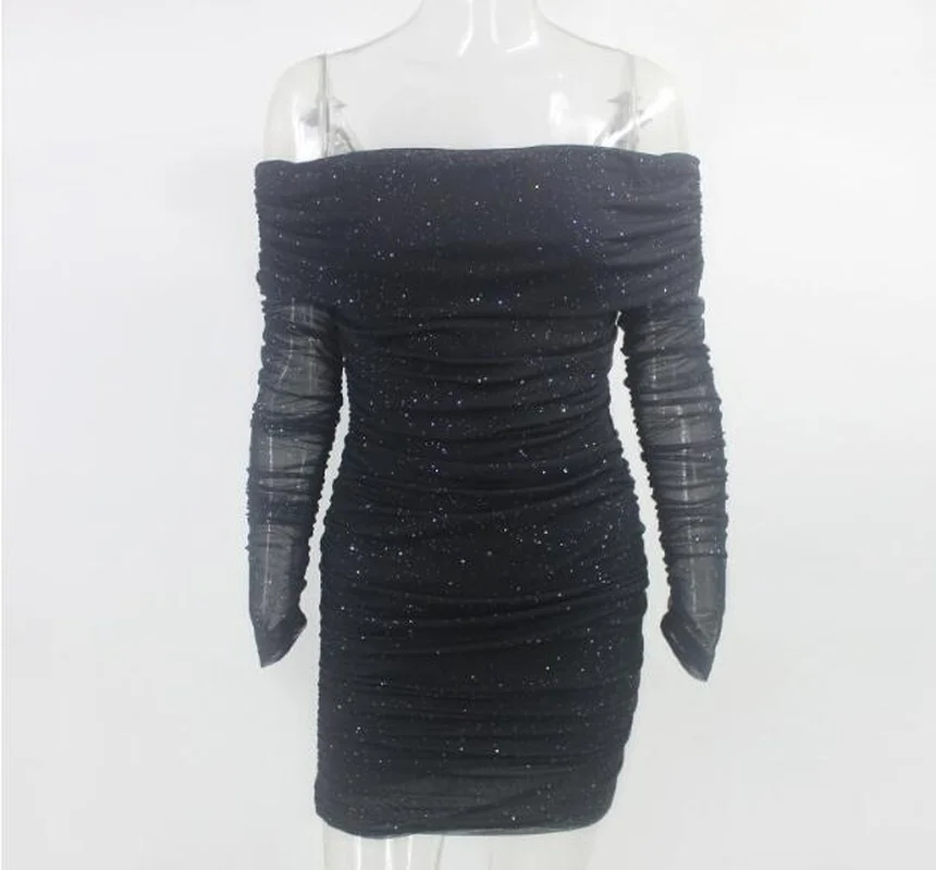 

Bodycon Women Sexy Club Slash Neck Off Shoulder Mesh Party Dress Female New Long Sleeve Slim Hip Mini Dress Ladies Bling Dresses