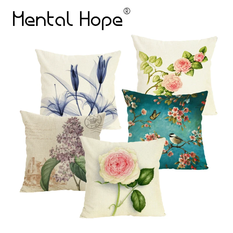 

Nordic Flower Printed Cushion Cover Postmark Bird Dragonfly Pattern Throw Pillow Cover Home Decor Linen Cotton Square Pillowcase