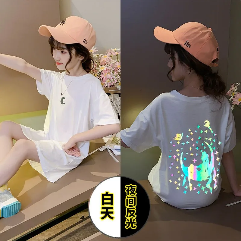 

Girls Summer T-shirt Mid-length 2022 New Korean Trendy Summer Dress Single T Mid-big Boy Luminous Short-sleeved Shirt