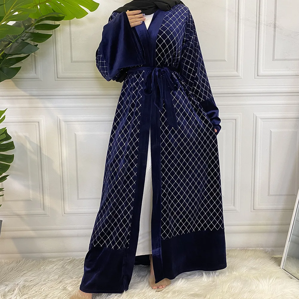 

Eid Muslim Open Kimono Cardigan For Women New Spring Autumn Jilbab Caftans Islam Abayas Femme Gold Velvet Robe Arab Kaftan Mujer
