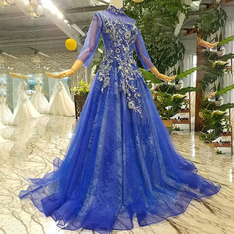 LS921450 дешевые синие платья для матери невесты с высоким воротом женщин