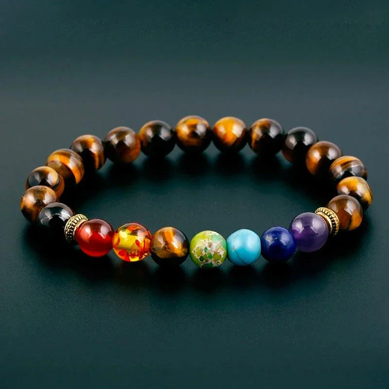 

Natural Tiger Eye Stone 7 Chakra Bracelets & Bangles Yoga Balance Bead Buddha Prayer Elastic Bracelet Men pulseira Drop Shipping