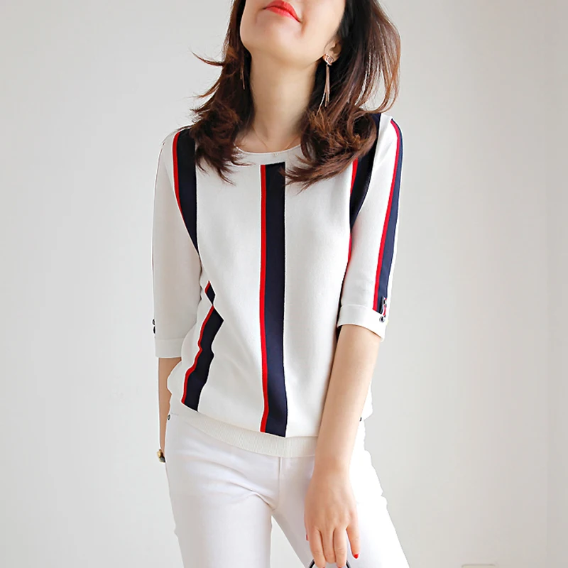 

2021 New Summer Thin Tshirts Women Vintage O Neck Fashion Ladies Clothes Striped T-shirt Women Slim Tee Shirt Femme Tops Female