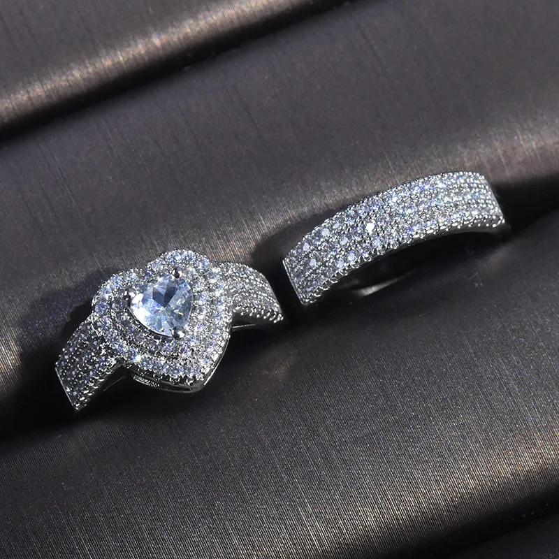 

2pcs/set Plated 3 Claw Love Heart Glass Filled Ring Sets For Women Men Luxury Wedding Party Engagement Jewelry Accessories