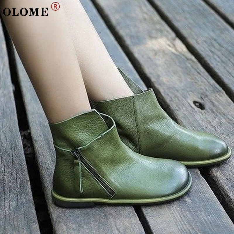 

Women's Soft Leather Retro Shoes Round Toe Zipper Flat Boots Handmade Simple Stitching Casual Platform Shoes 2021 New