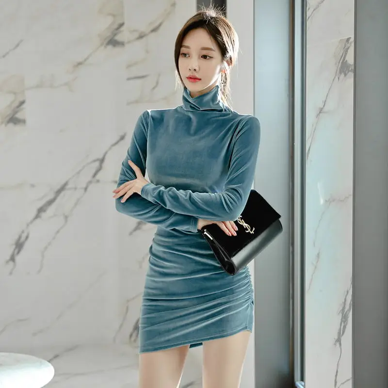 Корейское бархатное платье с высоким воротом и длинным рукавом Драпированное