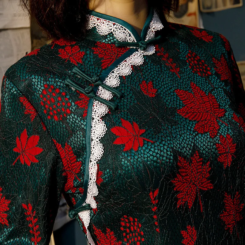 SHENG COCO винтажное кружевное современное Ципао Cheongsam платья зеленый красный кленовый лист с длинным рукавом современный Ципао Cheongsam китайская женщина Qi