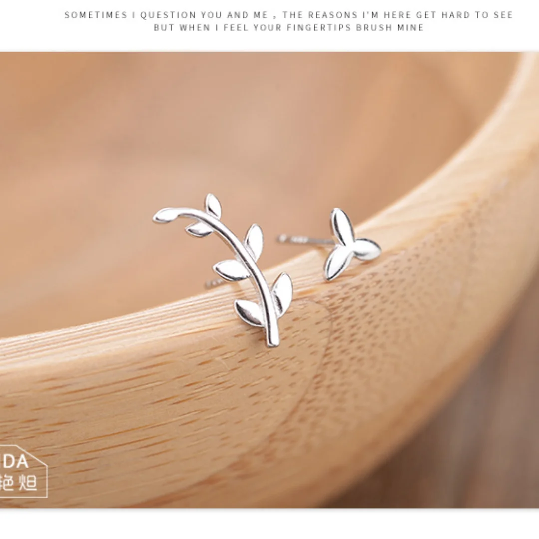 

New Lady Asymmetric 925 Sterling Silver Stud Girl Original Japanese and Korean Fresh Olive Branch Branch Earpiece Student Gift