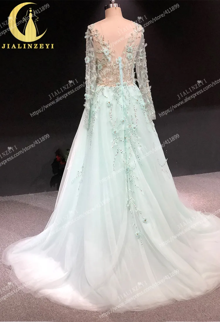 Rhine real Pictures light Green Long SLeeves Beads with gold beads arabic formal dress evening dresses long