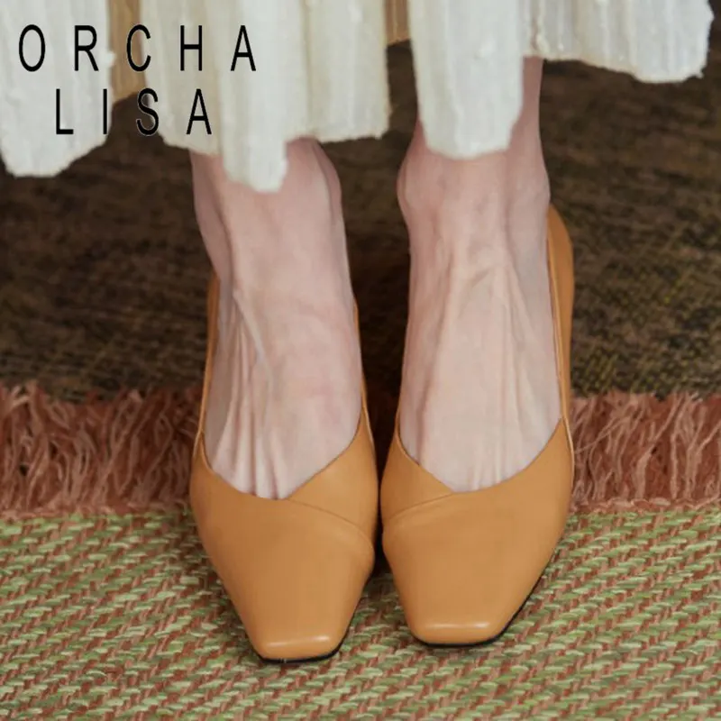 

ORCHA LISA/Новые 2021 для женщин женские туфли-лодочки квадратный носок 4,5 см на плоском квадратном каблуке; Обувь из натуральной кожи без застежки...