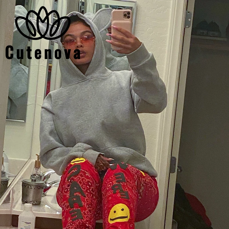 

Cutenova Casual Fashion Hoodie Women's Autumn 2021 Solid Hooded Long Sleeve Pockets Hoodie Female Streetwears