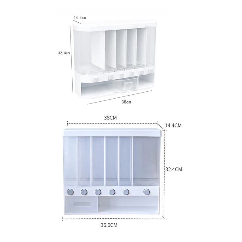 

Wall Mounted Divided Rice Cereal Bucket Moisture Proof Sealed Grain Storage Box 6 In 1 Kitchen Automatic Rice Storage Dispenser