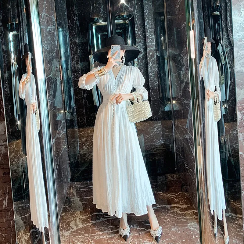 Женское Хлопковое платье макси на пуговицах Длинное Элегантное белое с V