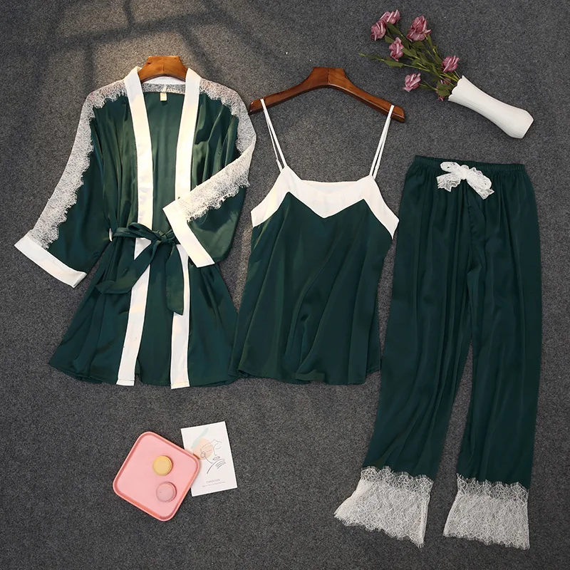 

Зеленый комплект из 3 предметов, кружевной отделкой атласная сна костюм Леди сексуальное платье с v-образным воротом, брительками, одежда дл...