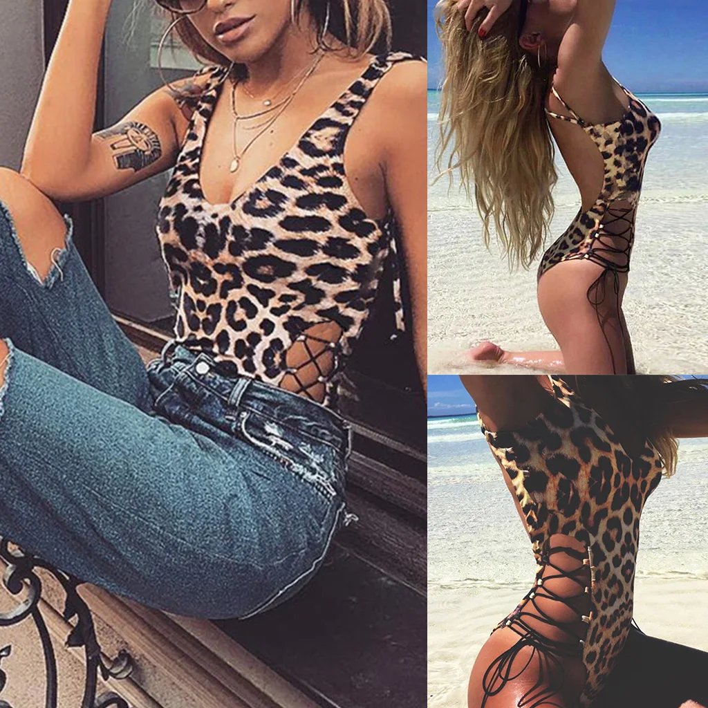 

Women Sexy Boho Vintage Leopard One-Piece Bikini Bodysuit Criss Cross Strappy Bandage Lingerie Romper Backless High Cut