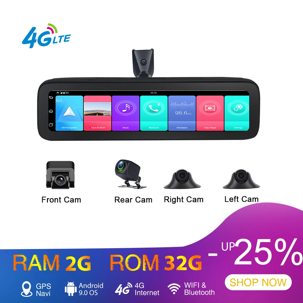 

Зеркало-видеорегистратор, 4 камеры, 4G, Android 9,0, GPS-навигация, HD 720P