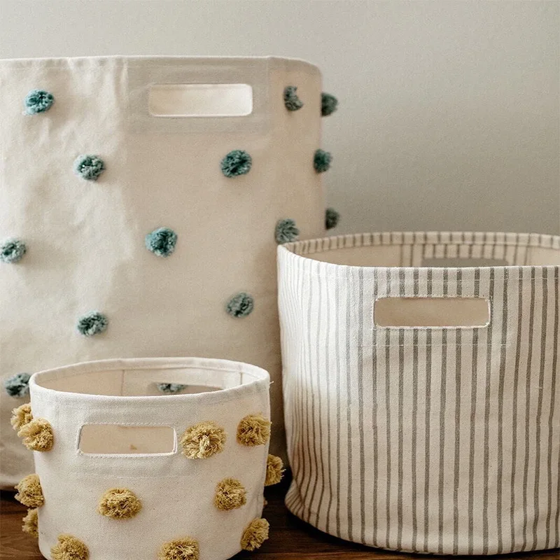 

Katoen Pompom Decor Kinderen Speelgoed Opslag Emmer Gebreide Wasmand Photo Prop Grote Capaciteit Baby Speelgoed Organizer