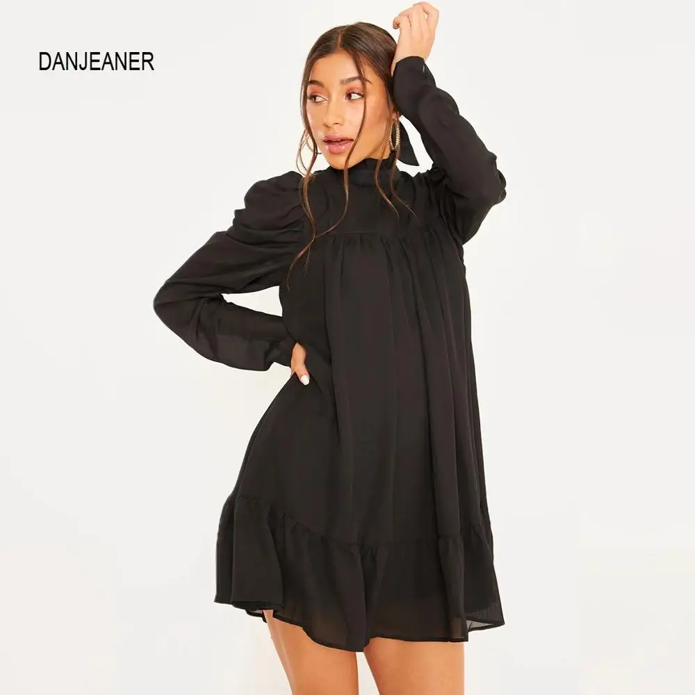 

Повседневное платье DANJEANER в стиле ретро с длинным рукавом и воротником-стойкой, новинка 2020, весеннее однотонное свободное мини-платье для ве...