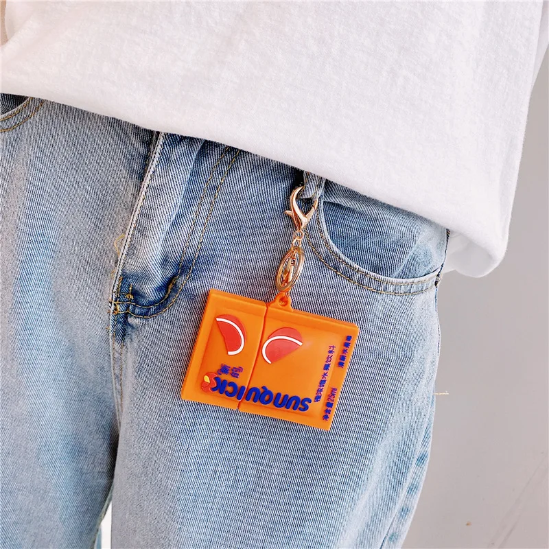 

For Apple Airpods 2 1 Cute 3D Orange Peach Drink Bluetooth Wireless Silicone Case Charging Headphone Case Cover with Keychain