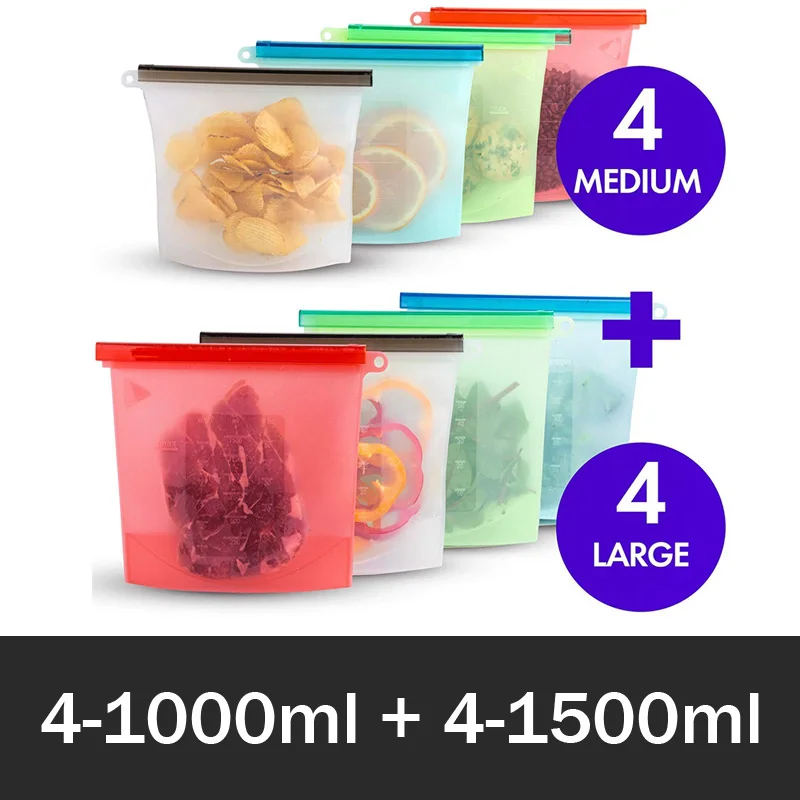 4-1000ml 4-1500ml 1000 мл 1500 мл многоразовый силиконовый контейнер для хранения силиконовые Еда сумки для хранения Еда печать Ziplock морозильник Пособия по кулинарии свежий спальные мешки 8 шт./компл - Цвет: 4-1000ml 4-1500ml
