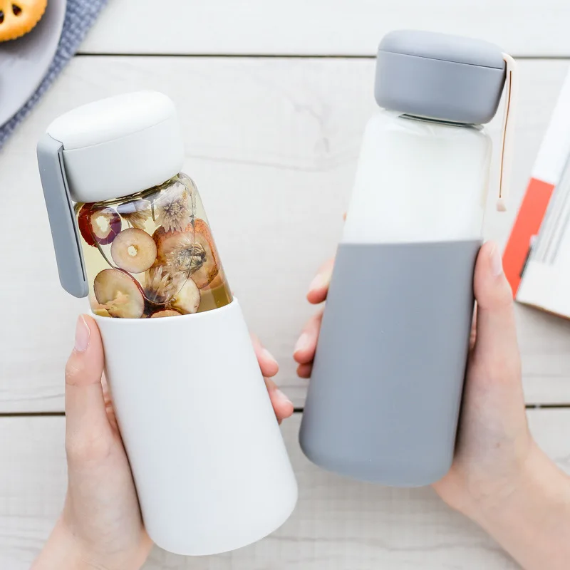 

400ml Korean Women Glass Water Bottle with Silicone Cover Students School Drink Bottles Outdoor Portable Rope High Quality